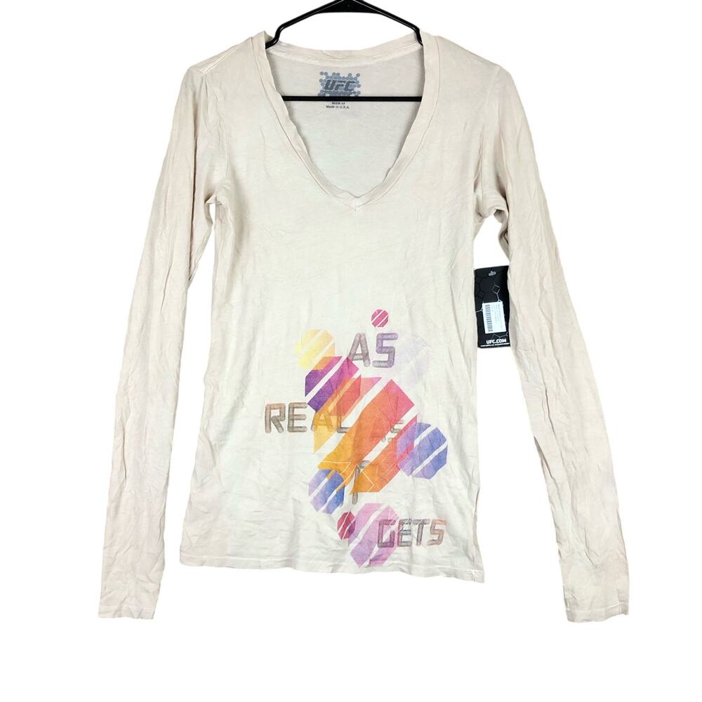 UFC Womens Shirt Tan Multicolored Octagon V Neck Long Sleeve Stretch Medium